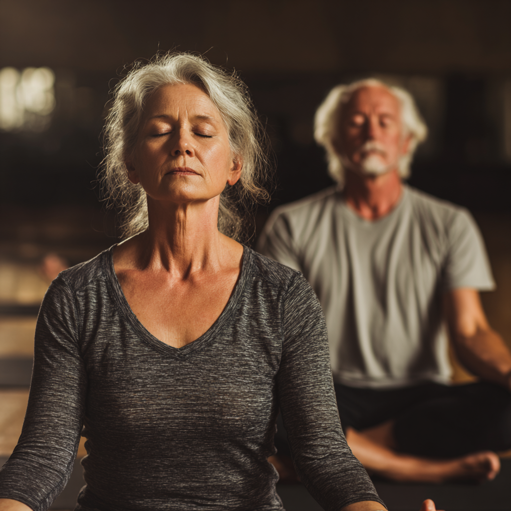 Mature adults practicing yoga meditation in peaceful studio environment