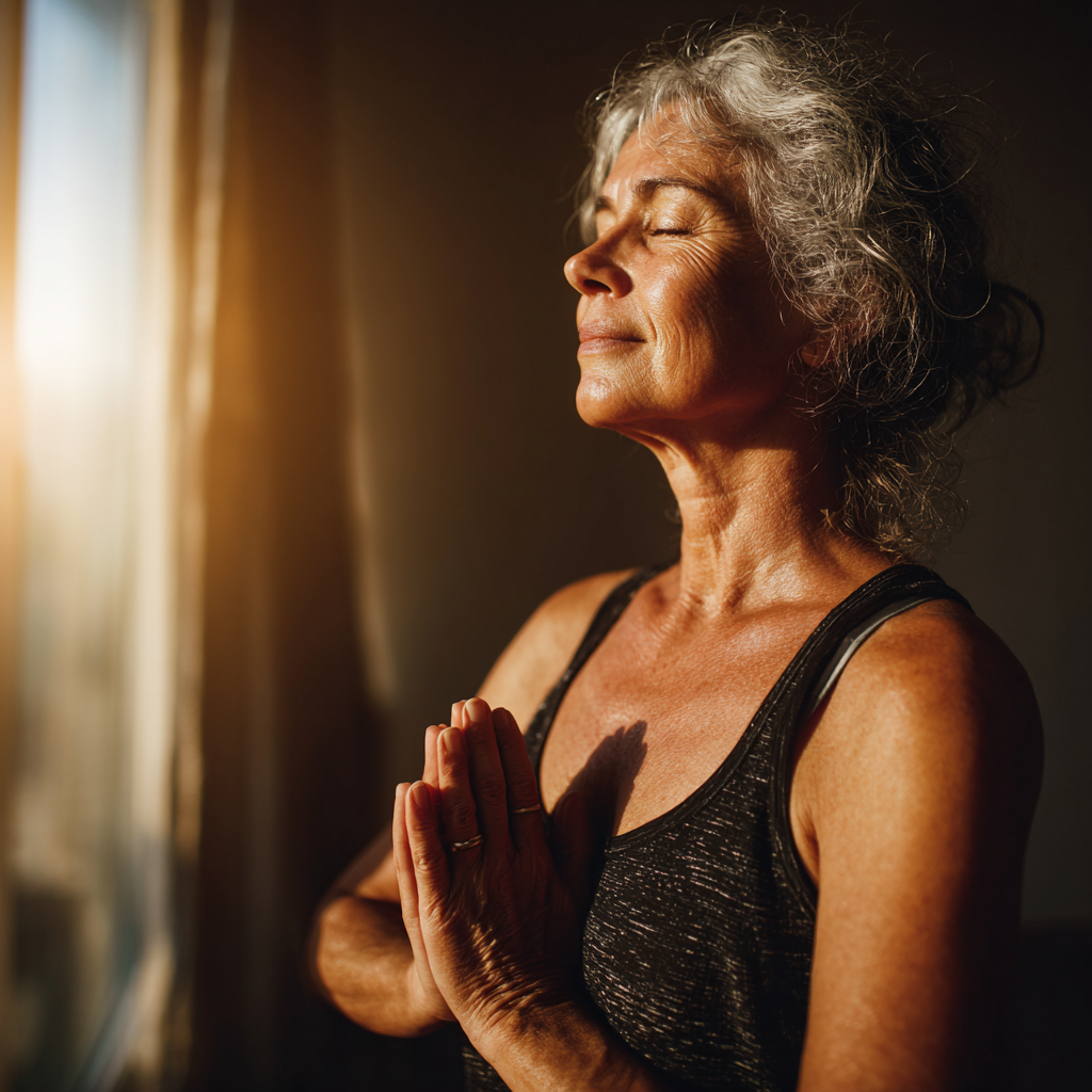 Peaceful mature woman practicing gentle yoga poses in natural sunlight